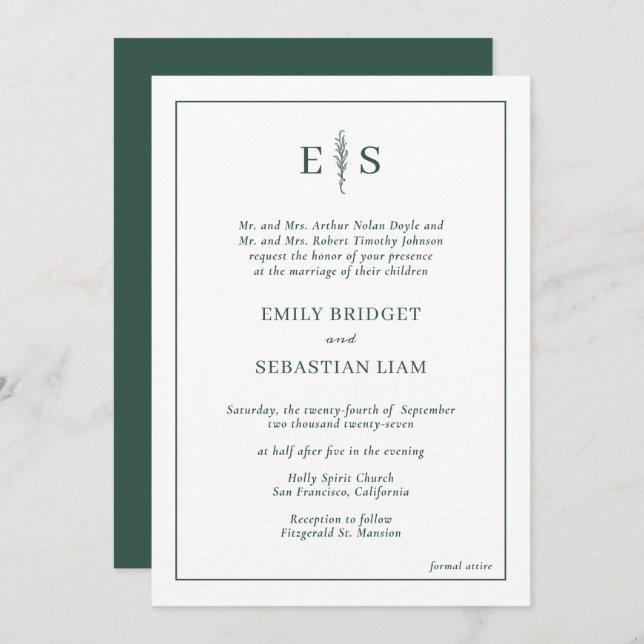 Elegant Emerald Green Monogram Wedding Einladung (Vorne/Hinten)