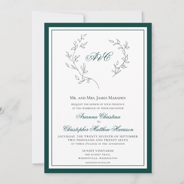 Elegant Emerald Green Monogram Wreath Wedding Einladung (Vorderseite)