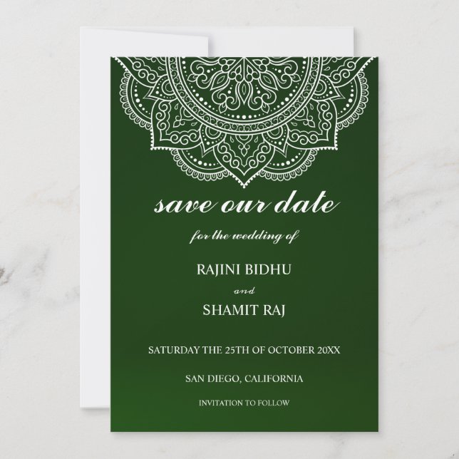 Elegant Emerald Green Paisley Indian Hindu Wedding Save The Date (Vorderseite)