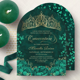 Elegant Emerald Green Princess Crown Quinceanera Einladung