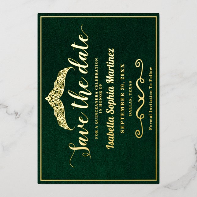 Elegant Emerald Green Quinceañera Save the Date Folieneinladung (Vorderseite)