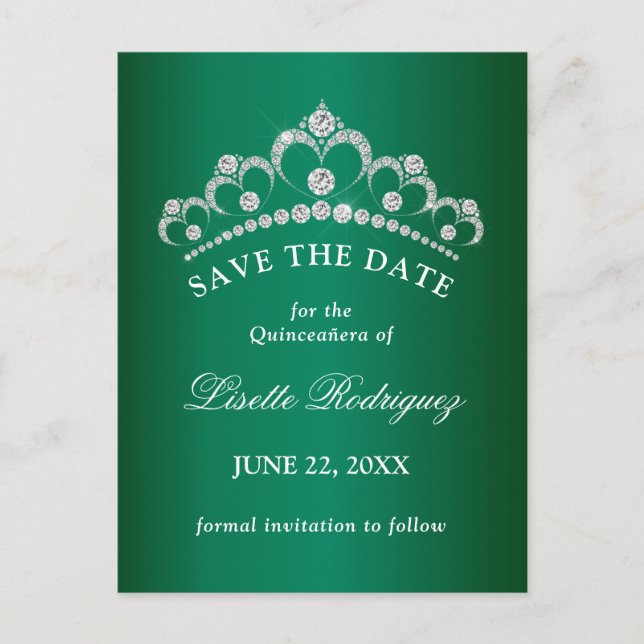 Elegant Emerald Green Quinceanera Save the Date Postkarte (Vorderseite)