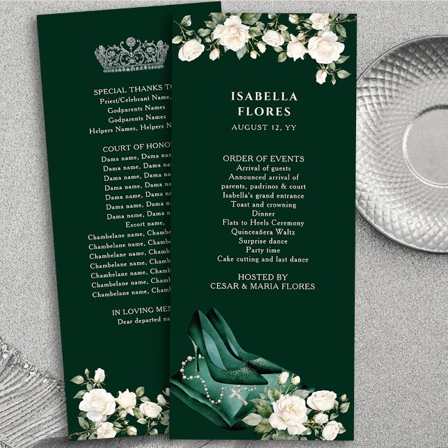 Elegant Emerald Green Quinceanera Tiara und Rose Programm (Program Cards from the Princess Dress and Roses Quinceanera Collection by Darling & May)
