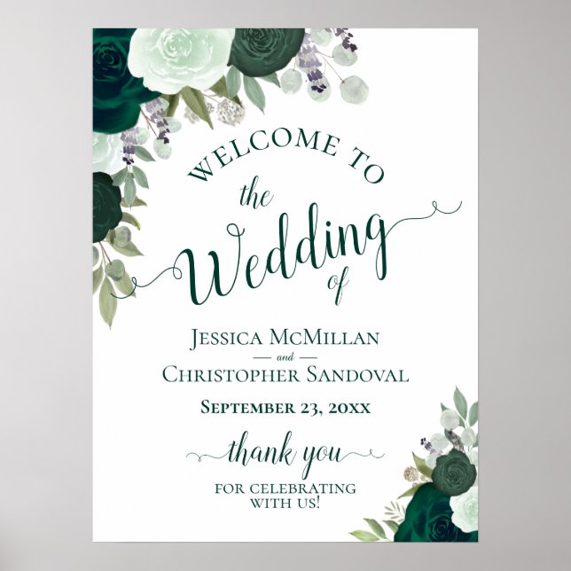 Elegant Emerald Green Rose Boho Wedding Welcome Poster (Vorne)