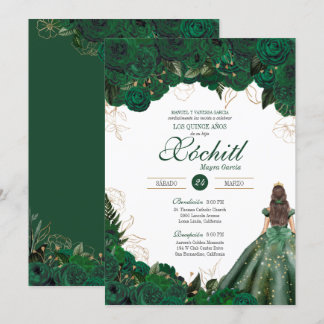 Elegant Emerald Green Rose Quince Anos Birthday Einladung