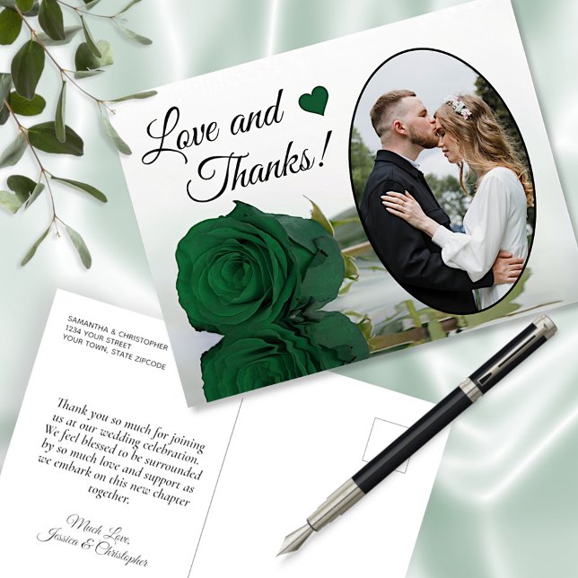 Elegant Emerald Green Rose Wedding Liebe & Danke Postkarte (Von Creator hochgeladen)