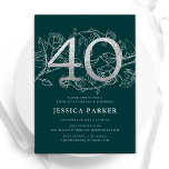 Elegant Emerald Green Silver 40. Geburtstag Einladung<br><div class="desc">Elegante smaragdgrün silber 40. Geburtstag Party Einladung. Individuell anpassbares modernes feminines Design mit Rose botanischen Akzenten und Imitaten Glitzer Silber. Einfache florale Einladungskarte perfekt für eine stilvolle Damenfeier. Personalisieren Sie Ihre persönlichen Daten. Gedruckte Zazzle Einladungen oder Sofortdownload digitalen druckbaren Vorlage.</div>