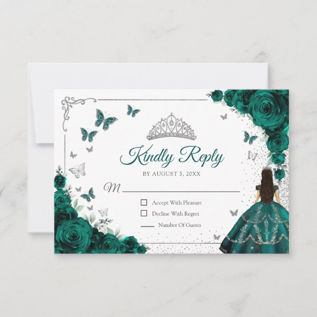 Elegant Emerald Green Silver Quinceanera Reply RSVP Karte (Vorderseite)