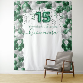 Elegant Emerald Green Sparkle Quinceañera Balloon Wandteppich