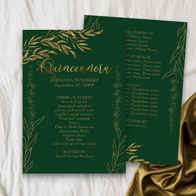 Elegant Emerald Green und Gold Leaf Quinceanera Programm (Emerald Green Quinceanera Program from my Gold Leaf Quinceanera Collection)