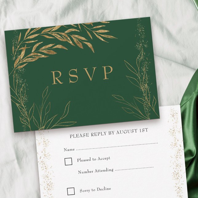 Elegant Emerald Green und Gold Leaf RSVP Karte (Emerald Green RSVP with editable response date from my Gold Leaf Collection)