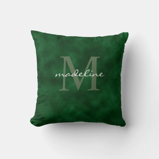 Elegant Emerald Green Velvet Script Monogram Kissen (Vorderseite)