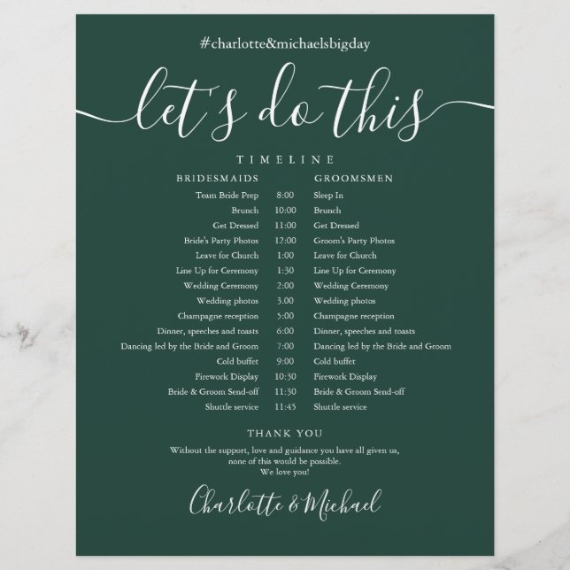 Elegant Emerald Green Wedding Zeitplan Zeitleiste (Vorderseite)