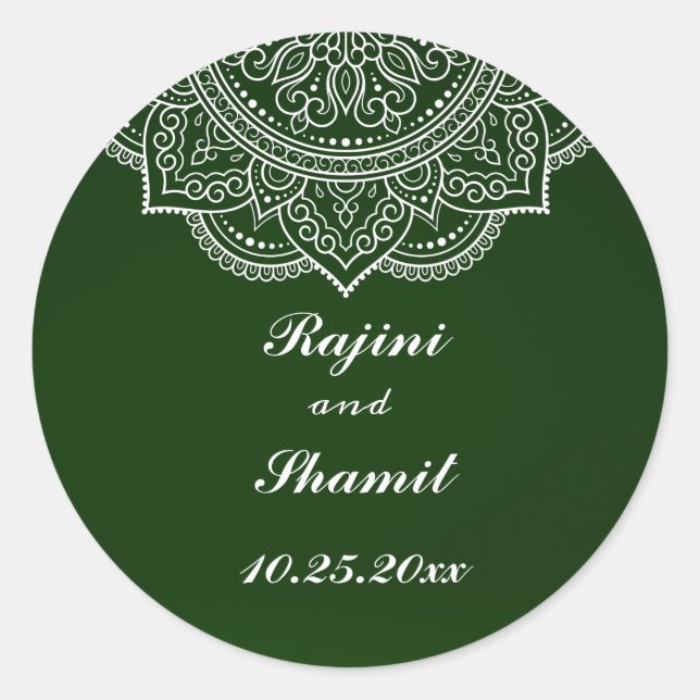 Elegant Emerald Green White Indian Paisley Wedding Runder Aufkleber (Vorderseite)