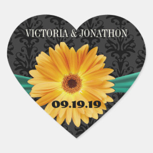 Elegant Emerald Green Yellow Gerber Daisy Wedding Herz-Aufkleber