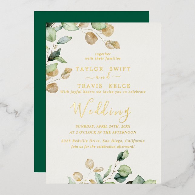 Elegant Emerald Greenery | Goldfoil-Hochzeit Folieneinladung (Vorderseite/Rückseite)