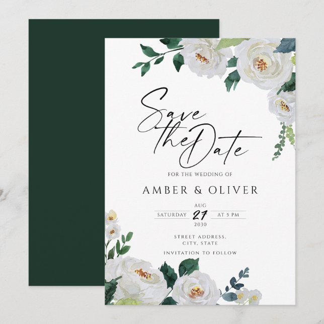 Elegant Emerald Ivory White Floral Save the Date Einladung (Vorne/Hinten)