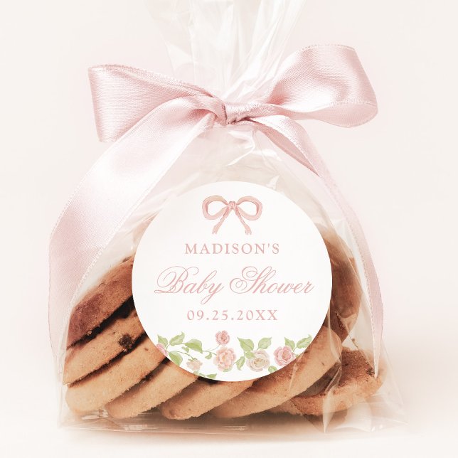 Elegant Enchanted Pink Floral Baby Shower Runder Aufkleber (Choose small or large stickers for your special event!)