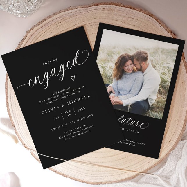 Elegant Engaged Modern Black Engagement Party Einladung (Modern black engagement party invitation with elegant white script and minimalist with photo.)