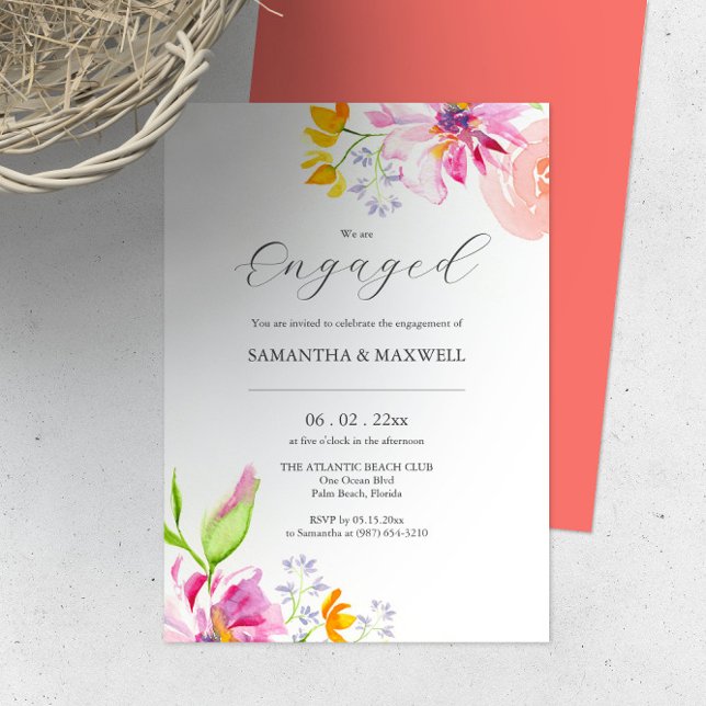 Elegant Engagement Invitations Floral Theme Einladung (Engagement party invitations online features unique watercolor floral art by Victoria Grigaliunas)