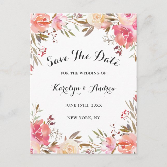 Elegant erröten Blüte Blumenwedding Save the Date Ankündigungspostkarte (Vorderseite)