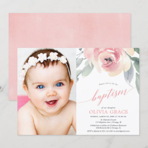 Elegant erröten rosa Blumenmädchentaufe-Foto Einladung