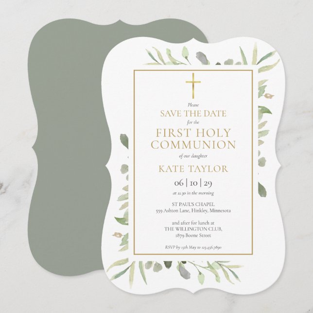 Elegant Erste Kommunion Wasserfarbenwelt Save The Date (Vorne/Hinten)