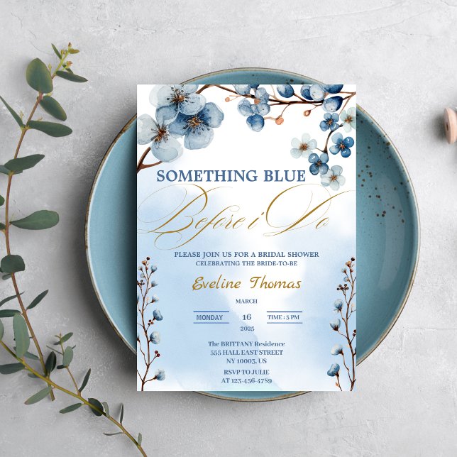 Elegant etwas Blau bevor ich Brautparty mache Einladung (Elegant Something Blue Before I Do Bridal Shower watercolor navy blue gold chic elegant her bride )