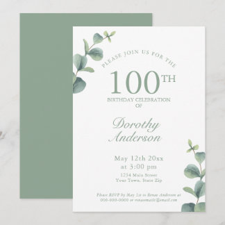 Elegant Eucalyptus 100. Geburtstagsparty Einladung