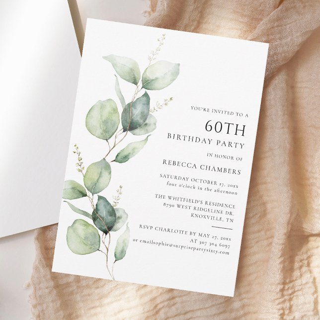Elegant Eucalyptus 60. Geburtstagsparty Einladung (Elegant Watetrcolor Eucalyptus 60th Birthday Party Invitation)