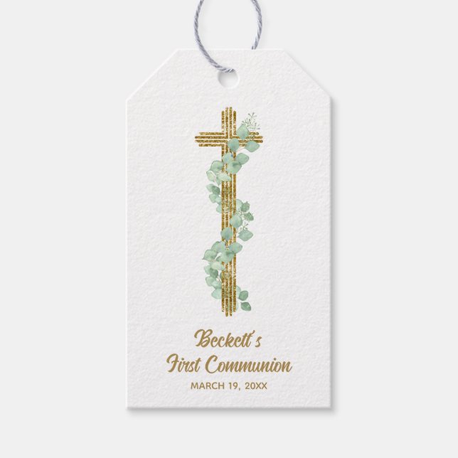 Elegant Eucalyptus and Cross First Communion Geschenkanhänger (Vorderseite)