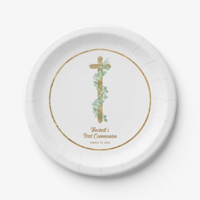 Elegant Eucalyptus and Cross First Communion Pappteller (Vorderseite)