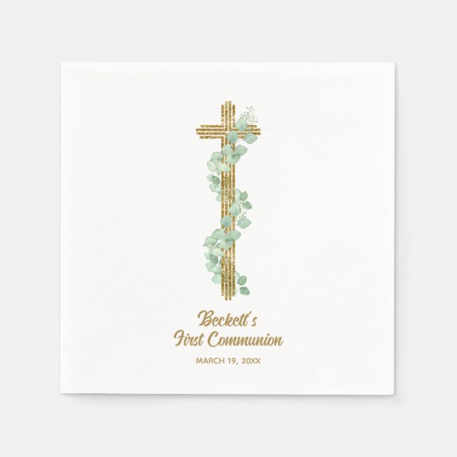 Elegant Eucalyptus and Cross First Communion Serviette (Vorderseite)