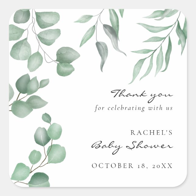 Elegant Eucalyptus Baby Shower Green Foliage Quadratischer Aufkleber