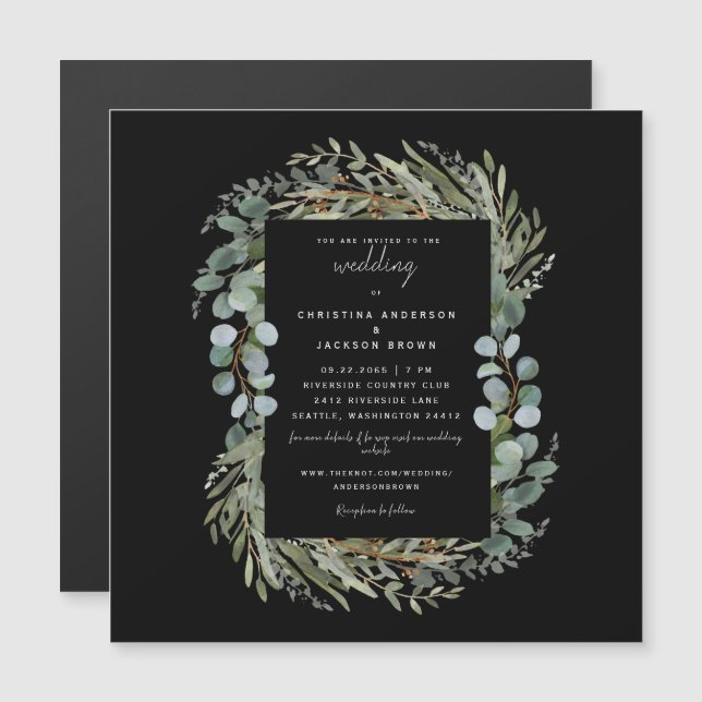 Elegant Eucalyptus Black Wedding Magneteinladung (Vorne/Hinten)
