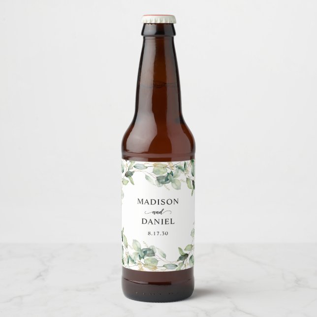 Elegant Eucalyptus Blätter Wedding Bierflaschenetikett (Vorderseite)