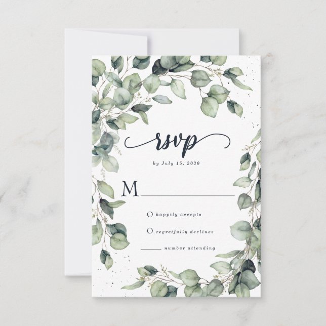 Elegant Eucalyptus Blätter Wedding RSVP Karte (Vorderseite)