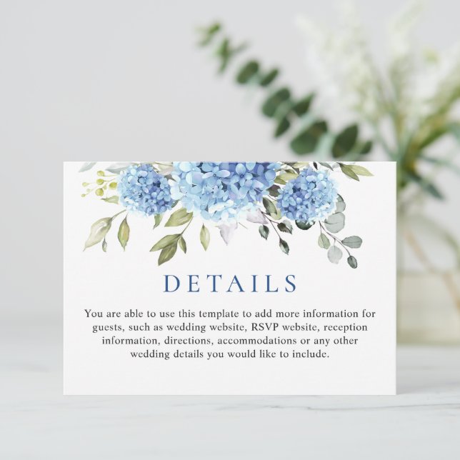 Elegant Eucalyptus Blue Hydrangea Hochzeitdetails Begleitkarte (Stehend Vorderseite)
