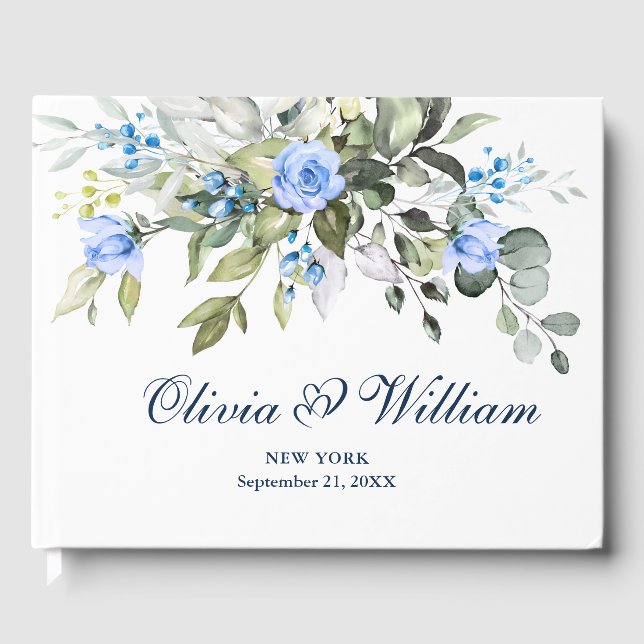 Elegant Eucalyptus Blue Rose Blumenhochzeit Gästebuch (Vorderseite)