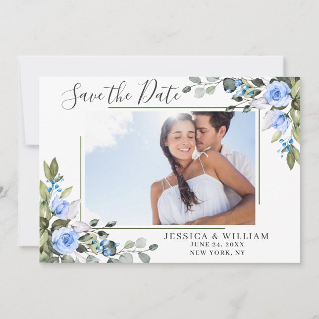 Elegant Eucalyptus Blue Rose Blumenhochzeit Save The Date (Vorderseite)
