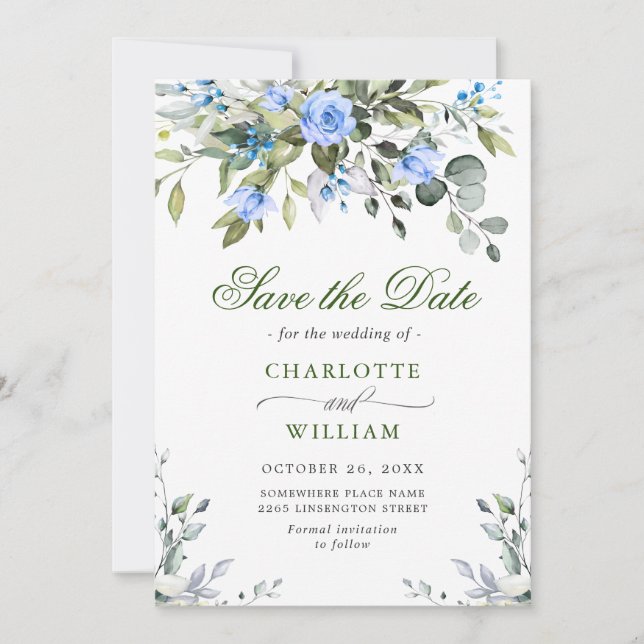 Elegant Eucalyptus Blue Rose Blumenhochzeit Save The Date (Vorderseite)