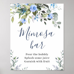 Elegant Eucalyptus Blue Rose Floral Mimosa Bar Poster