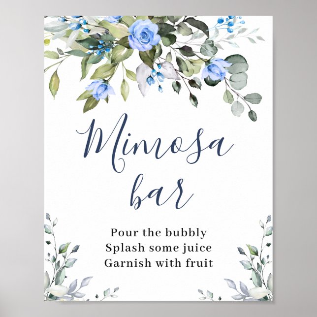 Elegant Eucalyptus Blue Rose Floral Mimosa Bar Poster (Vorne)