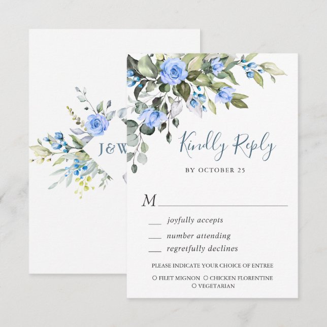 Elegant Eucalyptus Blue Rose Hochzeit RSVP Karte (Vorne/Hinten)