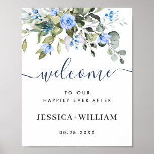 Elegant Eucalyptus Blue Rose Hochzeit Willkommen Poster
