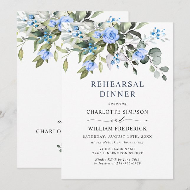 Elegant Eucalyptus Blue Rose PROBE DINNER Einladung (Vorne/Hinten)