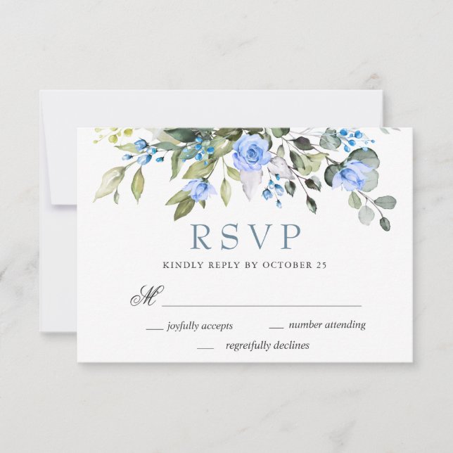 Elegant Eucalyptus Blue Rose Wedding RSVP Karte (Vorderseite)