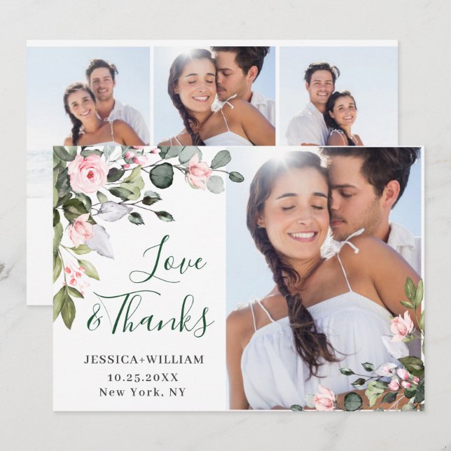 Elegant Eucalyptus Blush Pink Roses 4 FOTO Dankeskarte (Vorne/Hinten)