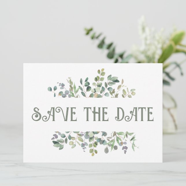 Elegant Eucalyptus Boho Greenery Wedding Save The Date (Stehend Vorderseite)