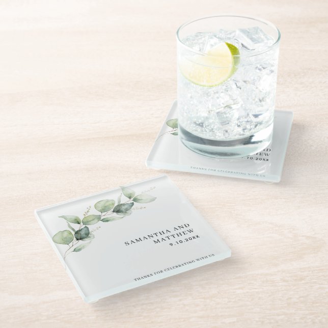 Elegant Eucalyptus Botanical Wedding Glasuntersetzer (Schrägansicht)